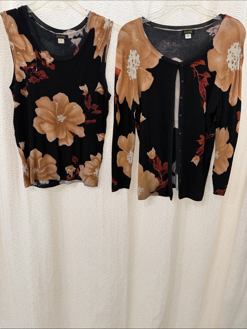 Vintage Floral Black & Tan Sweater Cardigan Set